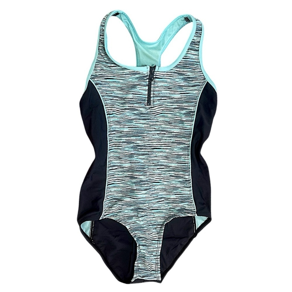 ZeroXposur Girls Bathing Suit One Pc Swim Suit Size 12 Kids Black and Aqua